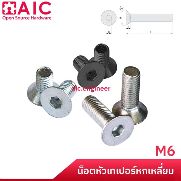 น็อต หัวเทเปอร์ หกเหลี่ยม M6 ยาว 12-30mm ชุบขาว/รมดำ/สแตนเลส @ AIC