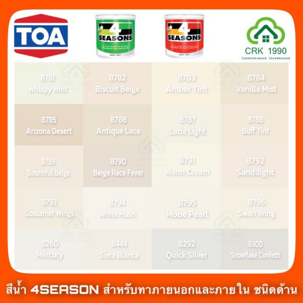 TOA 4SEASONS สีน้ำอะคริลิกแท้ 100% คุณภาพสูง ฟิล์มสียึดเกาะดีเยี่ยม ภายนอกและภายใน ขนาด 1/4 แกลอน