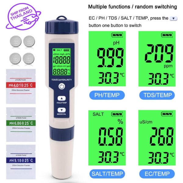 ใหม่ 5In1 ตัวทดสอบคุณภาพPH/EC (การนำไฟฟ้า) /TDS (Ppm)/ความเค็ม (Ppt)/เครื่องวัดอุณหภูมิพืชสวนกันน้ำ เครื่องตรวจสอบคุณภาพ