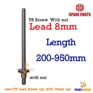 3D Part T8 Screw Lead 8mm Pitch 2mm 200 - 1200mm With T8 Nut 3D Printer Part อะไหล่เครื่องพิมพ์