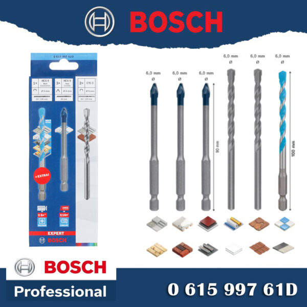 ชุดดอก BOSCH Expert เจาะกระเบื้อง หินอ่อน กระจก ฯลฯ HEX-9 Hard Ceramic & MCB SET 6 pcs. รหัสสินค้า 061599761D