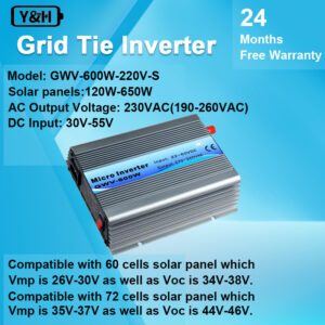 Y&h อินเวอร์เตอร์ 600W MPPT คลื่นไซน์บริสุทธิ์ DC30-55V AC230V อินพุต สําหรับแผงพลังงานแสงอาทิตย์ 30V 36V แบตเตอรี่ 36V