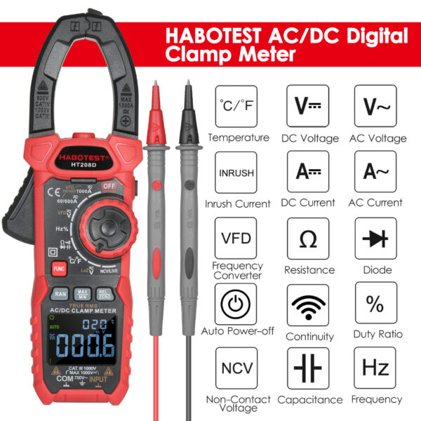 HABOTEST HT208D แคลมป์มิเตอร์ 6000 ครั้ง มัลติมิเตอร์ มิเตอร์แบบดิจิตอล แคลมป์ True RMS NCV มัลติมิเตอร์ แรงดันไฟฟ้า