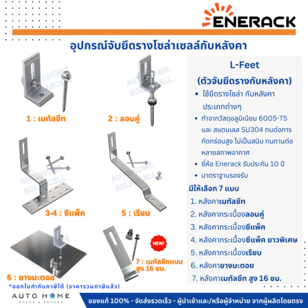 ชุดยึดรางแผงโซล่าเซลล์กับหลังคา L-Feet เมทัลชีท ลอนคู่ กระเบี้ยงเรียบ ซีแพ็ค ยางมะตอย (L-Feet Roof Hook) Solar cell
