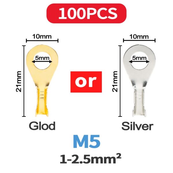 Qeeshow หางปลาเชื่อมต่อสายไฟ M5 ทองเหลือง เงิน ไม่หุ้มฉนวน 100 ชิ้น ต่อล็อต