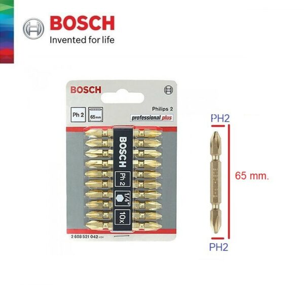 BOSCH ดอกไขควง 65 มม. PH2 สีทอง ชุบแข็ง (10ดอก) รุ่น 2608521042