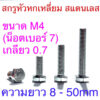 สกรูหัวหกเหลี่ยม สแตนเลส ขนาดM4 น็อตเบอร์7 เกลียว0.7 ยาว 8 - 50mm