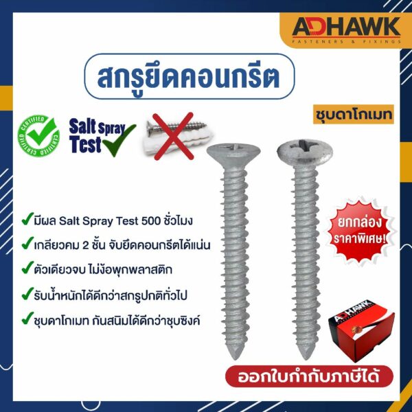 ADHAWK สกรูยึดคอนกรีต ชุบดาโกเมท สกรูคอนกรีต หัว PH