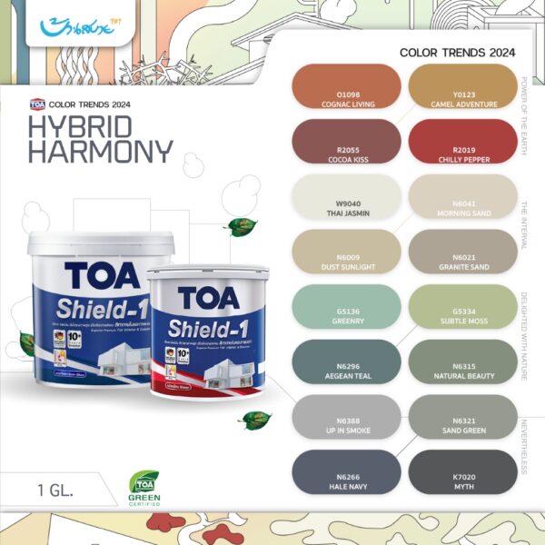 TOA เฉดสี 2024 สีทาบ้าน ขนาด 3.7 ลิตร Shield 1 เกรด10 ปี สีทาภายใน+นอก จับคู่ลงตัว เกรดสูง