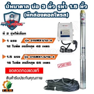 มีกล่องคอลโทรล MitsuMax (ซับเมอร์ส) ปั๊มบาดาล บ่อ 3 นิ้ว ขนาดท่อ 1.5 นิ้ว (1 แรงม้า